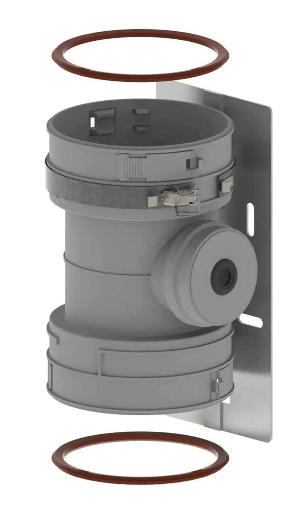 Montageset für eine Mehrfachbelegung, bestehend aus einem grauen Gehäuse und Dichtungsringen. Das Produkt stammt von Remeha und ist für Installationen und Anpassungen vorgesehen.